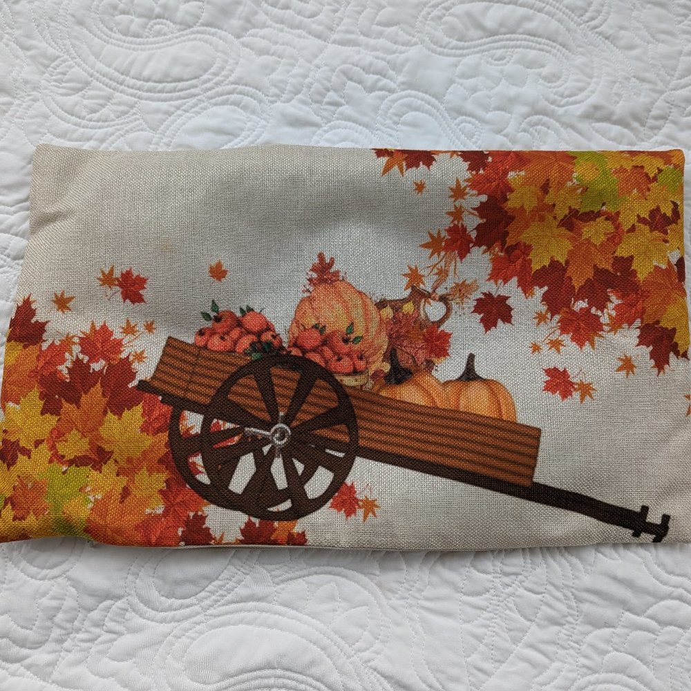 Fall themed pillow cover lumbar Thanksgiving decor Pumpkins Harvest Leaves Wagon